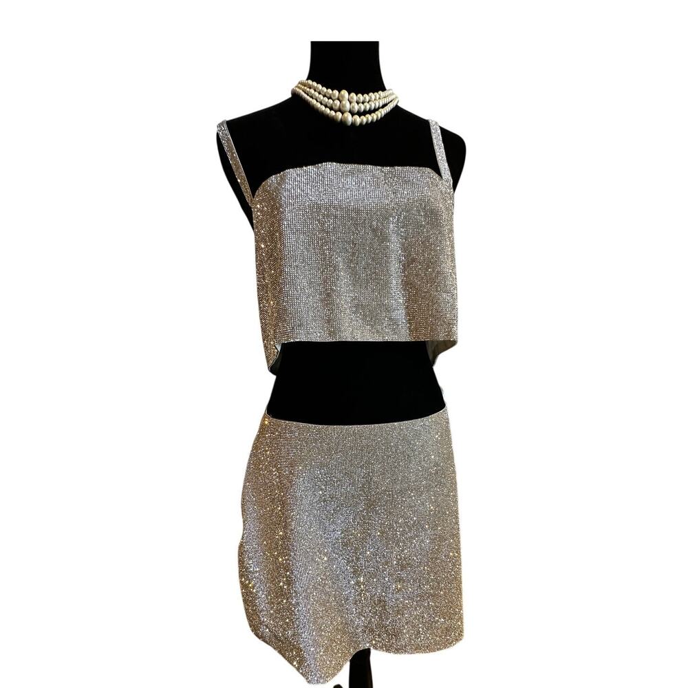 12th Tribe Shira Silver Rhinestone Crop Top Mini Skirt Set Gorpcore Coquette
